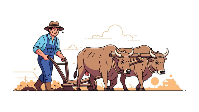 A Farmer Plowing a Field with Oxen: Depicting a farmer diligently plowing a field, using the strength of oxen in this illustrative scene, which conveys tradition and hard work in the rural landscape.