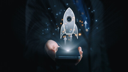 Startup launch and business growth concept, rocket symbolism, entrepreneurship, startup innovation,...