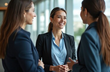Three diverse businesswomen in pro attire engage in animated conversation at modern conference. Smiling women discussing ideas, fostering teamwork, collaboration in bright, minimalistic office