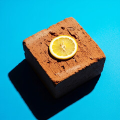 A single slice of lemon perched atop a rough brick on a vibrant blue background