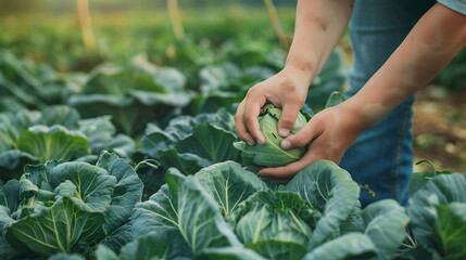 Hands harvesting fresh cabbage from a vibrant green farm field at sunrise