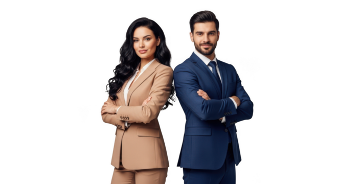 Confident business professionals standing back to back with arms crossed transparent background