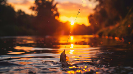 Sunset fishing triumph, a shimmering catch breaks water as the sun dips below the horizon