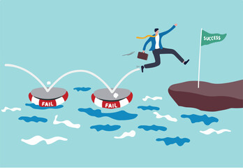 Fail to success, using failure to be lesson learn and creativity to achieve business success concept, smart business jumping on many time of failures floating on water and finally reach success flag