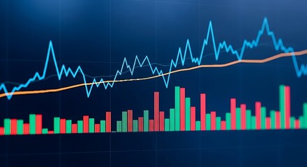 Financial stock market trading chart with candlesticks and moving average line