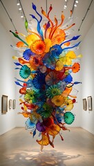 Colorful glass sculpture hanging in art gallery with white walls and paintings