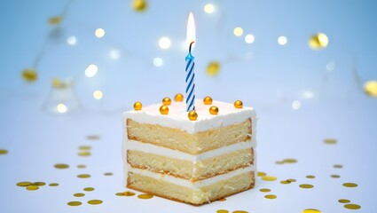 Celebration cake with candle and gold confetti on a light blue background party time