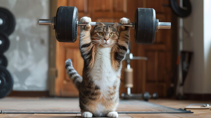 Determined tabby cat lifting heavy weights with intense focus in a gym