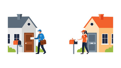 Mail Delivery Illustration: A modern flat illustration showcases mail carriers delivering letters and packages to residential homes, symbolizing connection and communication in the community.