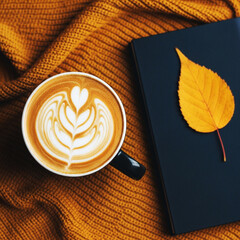 Cozy autumn morning with latte art coffee and a book on a knitted blanket