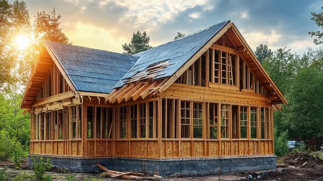 A partially constructed wooden house surrounded by trees at sunset, showcasing the building process