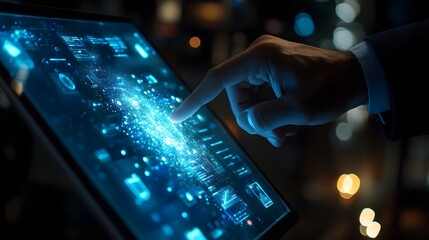 Hand interacting with a bright blue digital screen filled with glowing data points photo