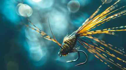 Detailed macro shot of a vibrant fishing fly lure with intricate feather details