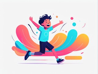 A joyful child running amidst colorful waves of motion