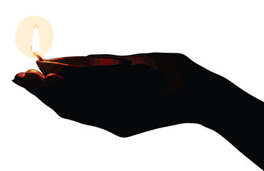 Vector illustration of hand gently holding glowing oil lamp diya with bright flame, symbolizing peace, spirituality, tradition, and festival celebration