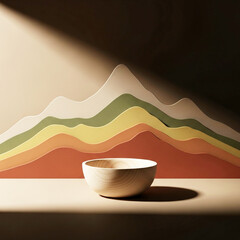 Minimalist ceramic bowl on a shelf with abstract mountain landscape backdrop