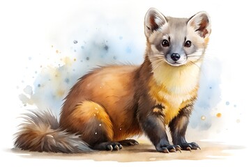 Obraz premium Watercolor Painting of a Pine Marten Sitting with a Curious Expression