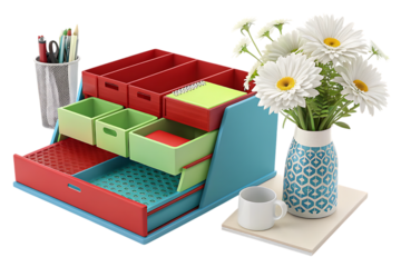 Colorful desk organizer with flowers and supplies