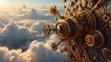 Steampunk contraption floating amidst clouds under a golden sky aesthetic design