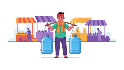 Water Carrier in a Traditional Market: An illustration showcases a water carrier navigating a bustling marketplace, the image is a perfect blend of daily life and cultural elements.