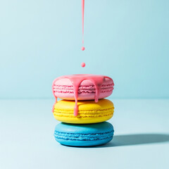 Pink icing drizzles onto a stack of colorful macarons against a light blue background