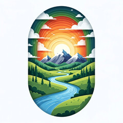 Vibrant oval landscape illustration of a winding river through green hills under a sunset sky