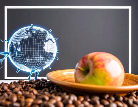 Coffee Bean, Apple, and Holographic Earth Sphere in a Balanced Composition