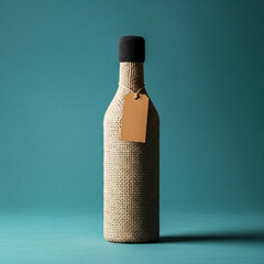 Elegant glass bottle wrapped in textured material with a simple tag