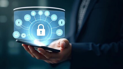 Hand using holographic digital payment interface on smartphone displaying online banking security transaction success icons symbolizing digital payments and fintech in empty space concept as Hand uses - Powered by Adobe