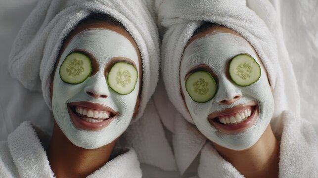 Two happy women with face masks and cucumber slices on their eyes enjoying a relaxing spa day together.