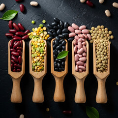 Variety of dried beans and lentils presented in wooden scoops on a dark surface