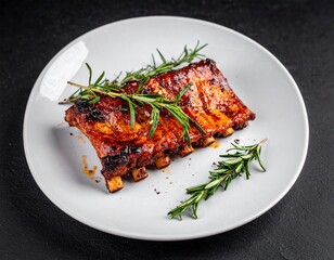 Delicious BBQ Pork Ribs: Gourmet Recipe Inspiration. Close-up Photo of Glazed Ribs with Rosemary Garnish on a White Plate.