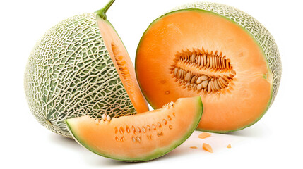 Fresh cantaloupe cut and whole showcasing vibrant orange flesh and seeds