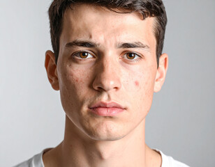 Obraz premium Teenage boy face with pimples and acne close-up face with sad and worried look