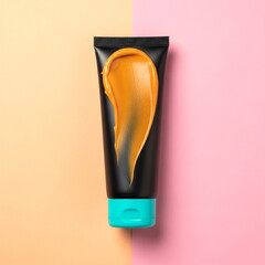 Black squeeze tube with vibrant orange cream swatch on a pink and yellow background