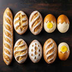 Artisan bread shaped like easter eggs and a baguette on a dark wooden surface