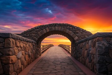 Majestic stone bridge archway leading to a vibrant sunset sky over the ocean