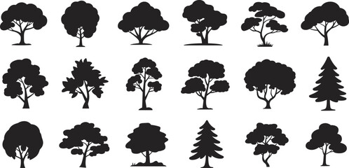 Silhouette tree icons set, black nature vector, forest clipart, oak and pine shapes, isolated botanical illustrations, landscaping graphics.