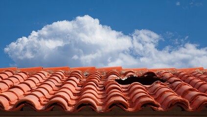 Red clay tiled eaves roof with visible hole, photographed on a sunny day against cloudless blue sky, emphasizing texture, surface detail, and traditional roofing material