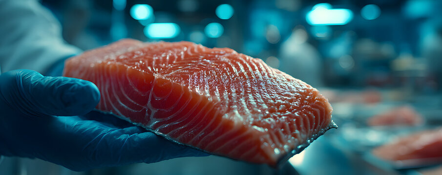Close up view of a lab grown fish fillet being careflly inspected by a scientit in a lab setting showcasng the advancements in susainable aquaculture and fod technology