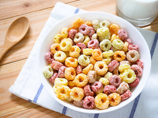 Colorful fruity breakfast cereal in a bowl