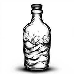 Glass bottle with plants and waves illustration, black and white with gray, natural essence or environmental concept with copy space