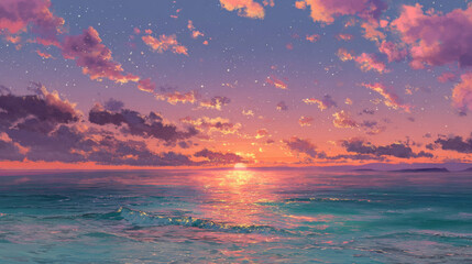 Scenic ocean view at sunset with vibrant orange and purple sky