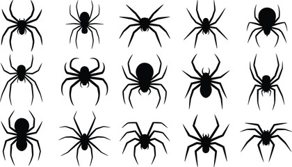 Spider silhouette vector set, black creepy spider icons, Halloween insect graphics, arachnid clipart collection, isolated horror elements on white background. © Shahadot Creatives
