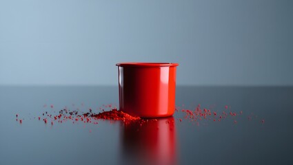 Red container with spilled powder on a reflective surface against a gray background