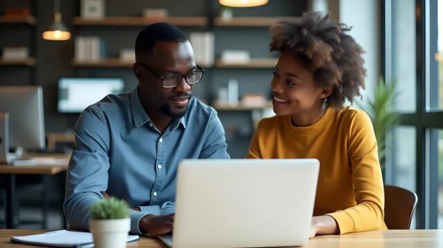 Flat Portrait of professional young happy African business man IT developer works with colleague in office two diverse employees team use laptops and computer technology at work concept as Professiona - Powered by Adobe