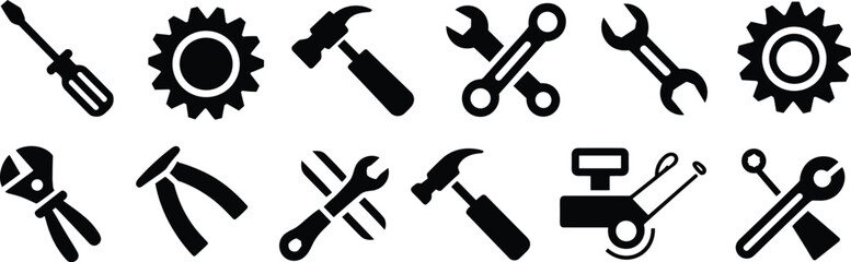Tool icon set, handyman clipart, repair tools vector, black silhouette icons, gear wrench pliers, construction hammer screwdriver symbol