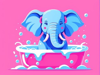 A cheerful cartoon elephant enjoying a bath in pink bubbles