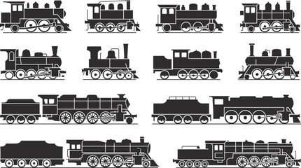 Vintage steam train silhouettes vector set, retro locomotive icons, old-fashioned engine clipart, black railway transport illustrations, isolated train graphics. © Shahadot Creatives