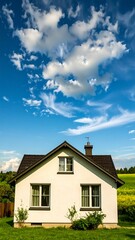A charming, white house with a dark roof stands out against a vibrant blue sky dotted with fluffy white clouds on a sunny day.
